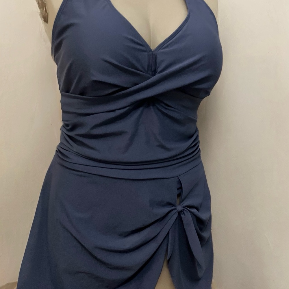 Women’s Navy One-Piece Swimsuit with Twist Front and Side Tie